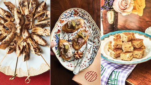 Dishes you can make ahead for your holiday party, from Alex Hitz's “Occasions to Celebrate: Cooking and Entertaining With Style” (Rizzoli, $45), include (from left) Artichoke Heart Skewers, Mary Louise’s Country Pate, and Mini Croque-Monsieurs. (Photos courtesy of Iain Bagwell)