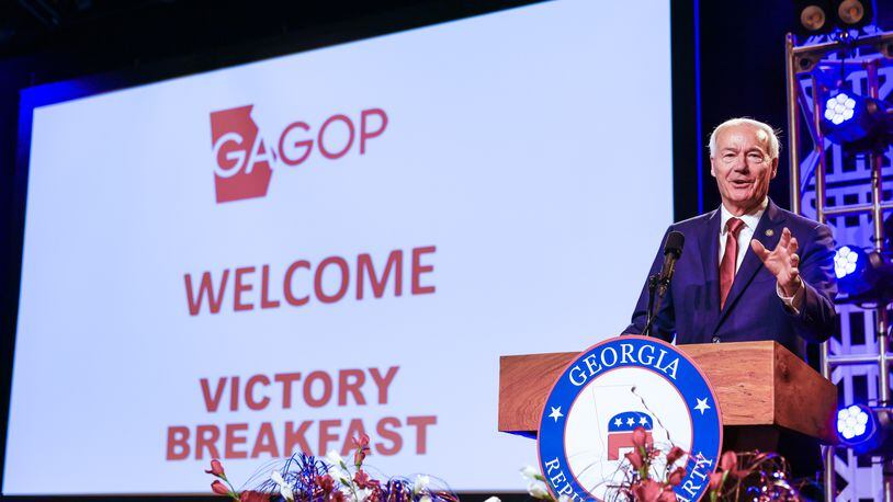 Presidential hopeful Asa Hutchinson speaks at the Georgia GOP convention in Columbus on Saturday, June 10, 2023. (Arvin Temkar / arvin.temkar@ajc.com)