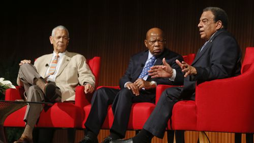Andrew Young, left, former congressman and U.N. ambassador, Rep. John Lewis, center, D-Ga., and former NAACP chairman Julian Bond take part in the "Heroes of the Civil Rights Movement" panel during the Civil Rights Summit on Wednesday, April 9, 2014, in Austin, Texas. (AP Photo/Jack Plunkett)