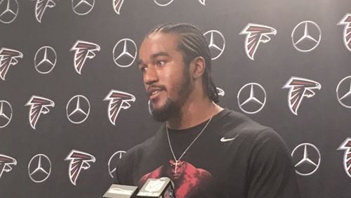Vic Beasley discussing the offseason program on Tuesday, May 2, 2017. (By D. Orlando Ledbetter/dledbetter@ajc.com)