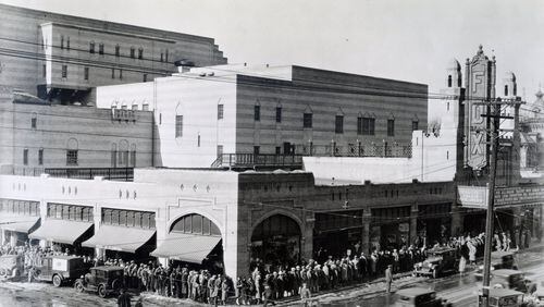 Christmas Day. 1929. An excited crowd lines up along Peachtree Street for the grand opening of the Fox Theatre. The sold-out crowd watched the premiere of Disney’s first cartoon starring Mickey Mouse, Steamboat Willie. (Edgar Orr, Courtesy of Fox Theatre Archives)