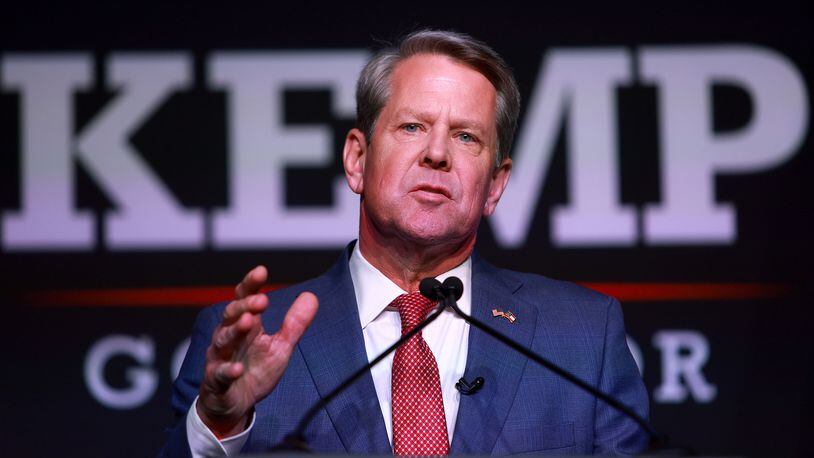 Georgia Gov. Brian Kemp speaks during his primary night election party at the Chick-fil-A College Football Hall of Fame on May 24, 2022, in Atlanta. Kemp defeated former Sen. David Perdue, R-Ga., in the primary. (Joe Raedle/Getty Images/TNS)