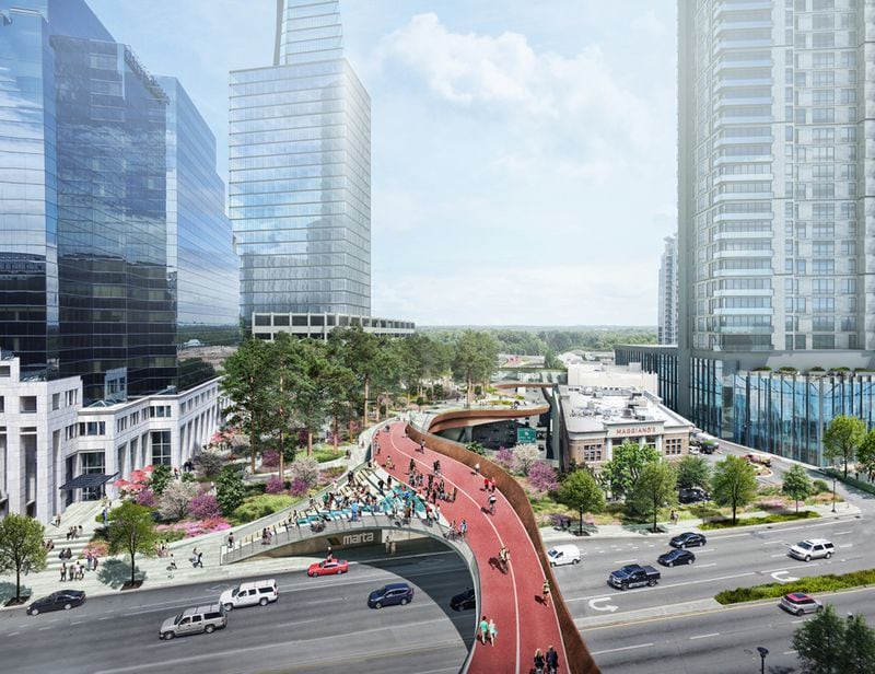Previous rendering showing an aerial view looking north across Peachtree Road of a proposed deck park that would cap a portion of Ga. 400 at the Buckhead MARTA station. Source: Rogers Partners Architects + Urban Designers