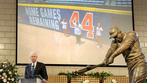 Braves Chairman Terry McGuirk speaks during a memorial service celebrating the life and legacy of Hank Aaron at Truist Park on Tuesday. . Photo by Kevin D. Liles/Atlanta Braves