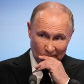 Russian President Vladimir Putin speaks on a visit to his campaign headquarters after the presidential election in Moscow, Russia, early Monday, March 18, 2024. (AP Photo/Alexander Zemlianichenko)