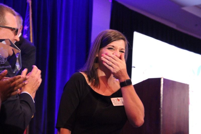 Atlanta Public Schools teacher Tracey Pendley reacts to being named the 2020 Georgia Teacher of the Year at a ceremony May 18, 2019. Photo courtesy of Georgia Department of Education