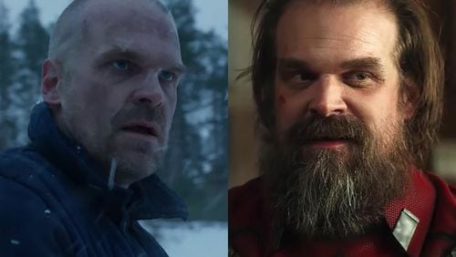 David Harbour stars in both "Stranger Things" (left) and "Black Widow" (right). CR: NETFLIX/MARVEL