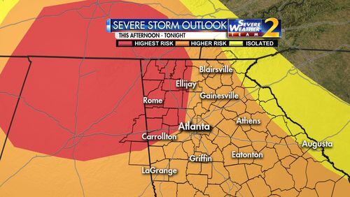 The risk of strong to severe storms is highest in west Georgia Monday.