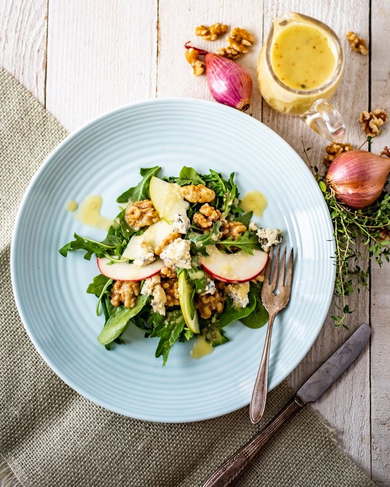 Armagh Orchard Salad with Apple Thyme Vinaigrette is inspired by the abundant fruits of Judith McLoughlin’s home county and the blue cheese made from the milk of cows in pastures nearby. (Courtesy of Gary McLoughlin)