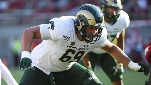 Colorado State offensive lineman Barry Wesley sets up to block against Arkansas during an NCAA football game on Saturday, Sept. 14, 2019 in Fayetteville, Ark. (AP Photo/Michael Woods)