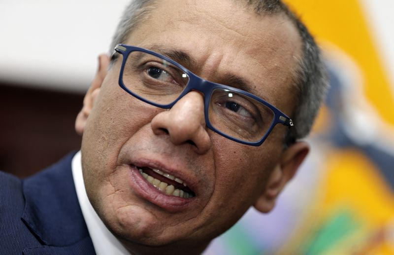 FILE - Ecuador's Vice President Jorge Glas speaks during an interview at his office in Quito, Ecuador, Sept. 12, 2017. Ecuadorian police broke through the external doors of the Mexican Embassy in Quito, Friday evening, to arrest Glas, who had been residing there since December. (AP Photo/Dolores Ochoa, File)