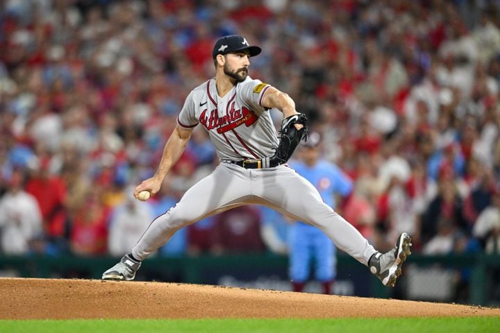 Atlanta Braves starting pitcher Spencer Strider (99) delivers to the Philadelphia Phillies during the first inning of NLDS Game 4 at Citizens Bank Park in Philadelphia on Thursday, Oct. 12, 2023.   (Hyosub Shin / Hyosub.Shin@ajc.com)