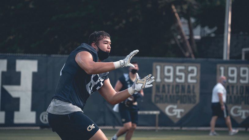 Georgia Tech tight end Dylan Deveney prepares to catch a pass in his team's preseason camp in August 2020.