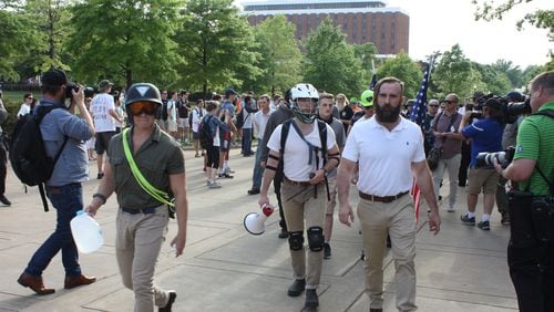 Alt-right activists march to Foy Hall on the campus of Auburn University Tuesday to hear white supremacist Richard Spencer speak. CHRIS JOYNER / CJOYNER@AJC.COM