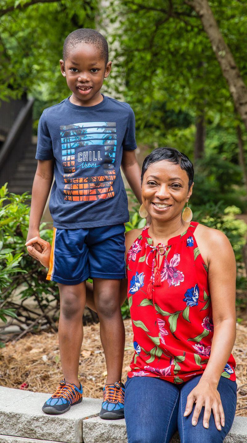 Cade Crockwell, 5, is with his mother, Monica Langley, on Tuesday, June 9, 2020. Langley seeks to find the words to discuss the recent race-related unrest. (Jenni Girtman for The Atlanta Journal-Constitution)