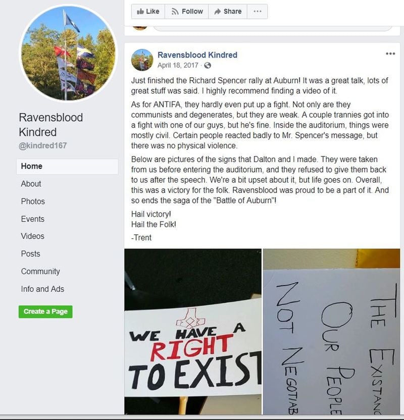 A post on the Ravensblood Kindred Facebook page signed by Trent East recounting white nationalist Richard Spencer’s 2017 speech at Auburn University. East and high school friend Dalton Woodward attended the speech. FACEBOOK