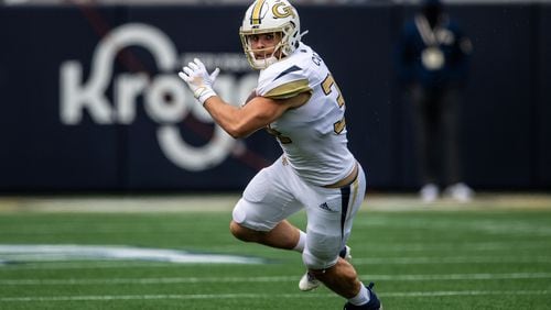Georgia Tech long snapper/tight end Jack Coco mades his first career catch against Central Florida at Bobby Dodd Stadium, Sept. 19, 2020.