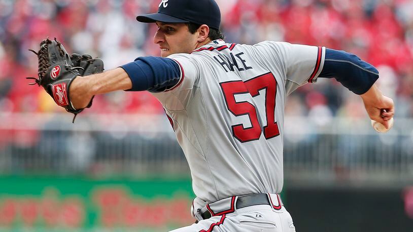 Atlanta Braves starting pitcher David Hale throws during the third inning of a baseball home opener against the Atlanta Braves at Nationals Park, Friday, April 4, 2014, in Washington. (AP Photo/Alex Brandon) Braves rookie David Hale allowed just one run in five innings. (AP photo)