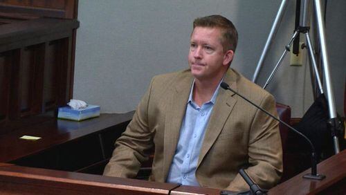 Real estate agent Roger Webb, the first witness for the defense, takes the stand in the Justin Ross Harris murder trial at the Glynn County Courthouse in Brunswick, Ga., on Friday, Oct. 28, 2016. (screen capture via WSB-TV) WSB-TV