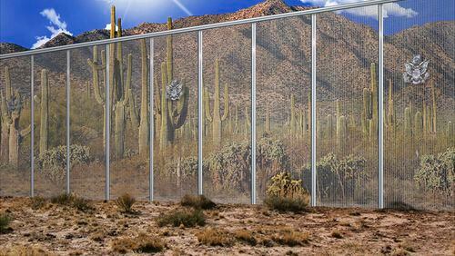 This artistic rendering provided by the Fort Worth contracting company Penna Group shows a proposed wall along the United States' southern border with Mexico. (Penna Group via AP)