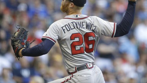 Atlanta Braves' Mike Foltynewicz pitches during the first inning of the team's baseball game against the Milwaukee Brewers on Friday, July 6, 2018, in Milwaukee. (AP Photo/Aaron Gash)