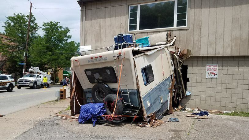 An RV crashed into a West End building on Saturday. (Photo submitted by Pittsburgh Department of Public Safety)