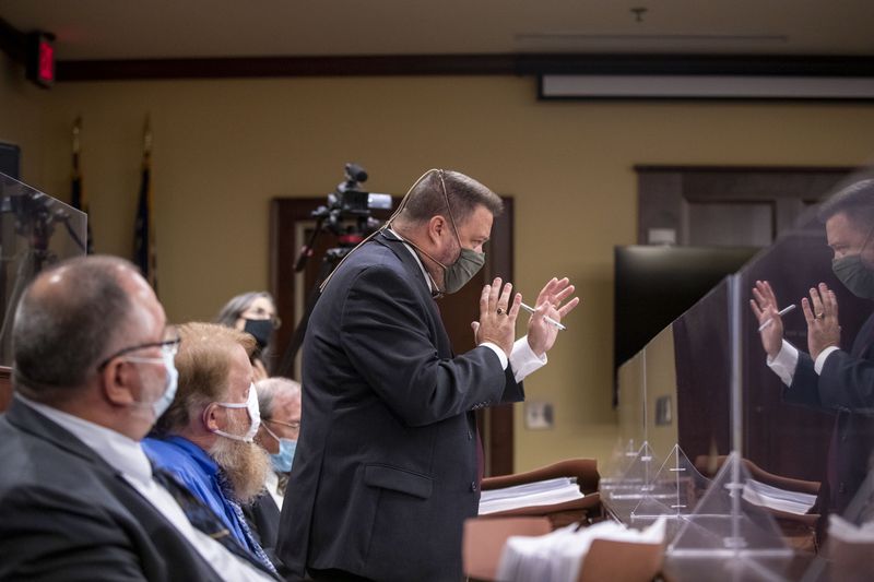 Attorney Todd Harding addresses Henry County Superior Court Judge Brian Amero during a hearing on a motion to dismiss a case seeking review of Fulton County elections ballots to determine fraud.  (Alyssa Pointer/Atlanta Journal Constitution)