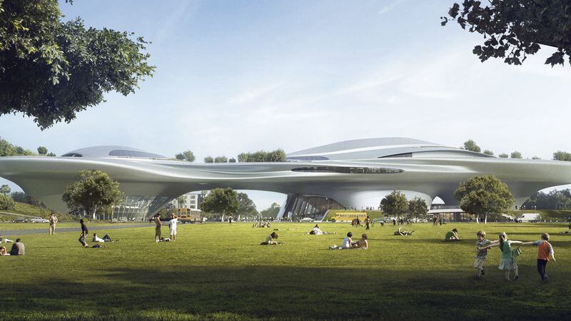 This concept design provided by the Lucas Museum of Narrative Art shows a rendering of their proposed museum in Exposition Park in Los Angeles. In January George Lucas, the legendary filmmaker, is expected to decide whether he will put a museum for his extensive personal art collection in San Francisco or Los Angeles, after other attempts were upended by community opposition. (Lucas Museum of Narrative Art via AP)