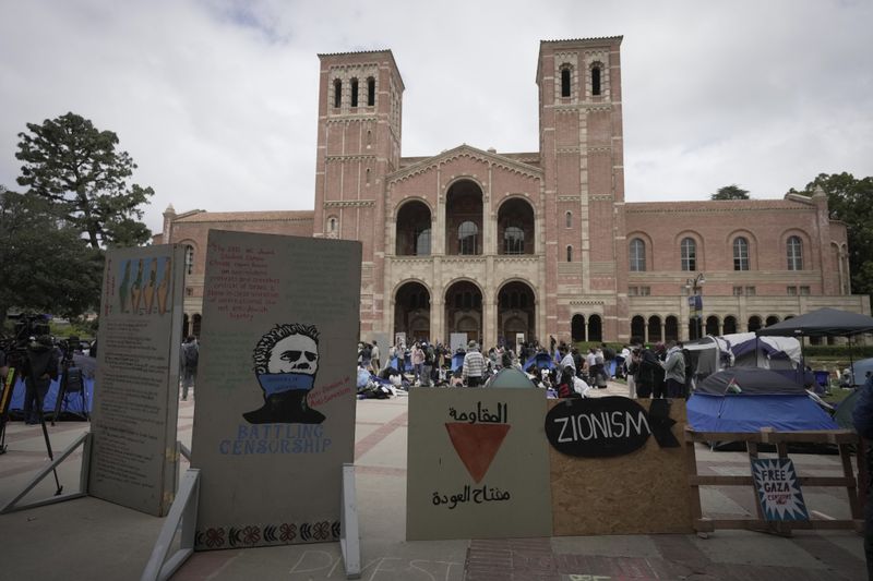 A makeshift camp with a Pro-Palestinian theme is staged on the UCLA campus, Thursday, April 25, 2024, in Los Angeles. (AP Photo/Jae C. Hong)