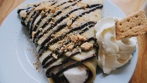 Pauley’s marshmallow-filled s’mores crepe is drizzled with chocolate “ganache.” (Rachel Justis, I Do Social Agency)