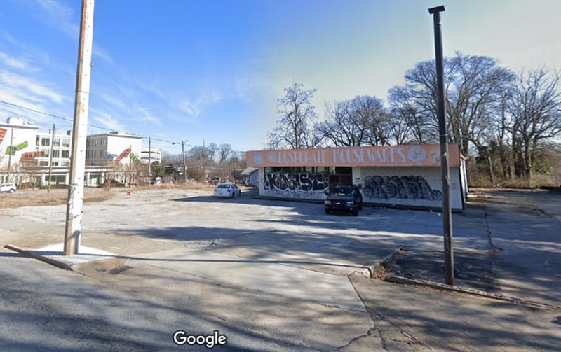 This is a Google Maps screenshot of a shuttered building where RPF Highlands LLC plans to build a mixed-use development along Boulevard and Highland Avenue.
