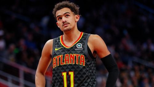 Trae Young of the Atlanta Hawks reacts during the game against the Chicago Bulls at State Farm Arena on October 27, 2018 in Atlanta, Georgia.