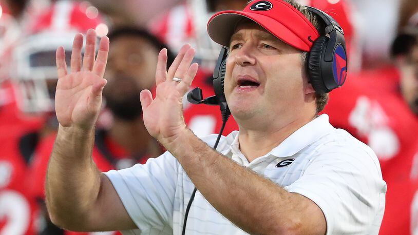 Georgia head coach Kirby Smart urges his defense during the 4th quarter against Kentucky in a NCAA college football game on Saturday, Oct. 16, 2021, in Athens.   “Curtis Compton / Curtis.Compton@ajc.com”
