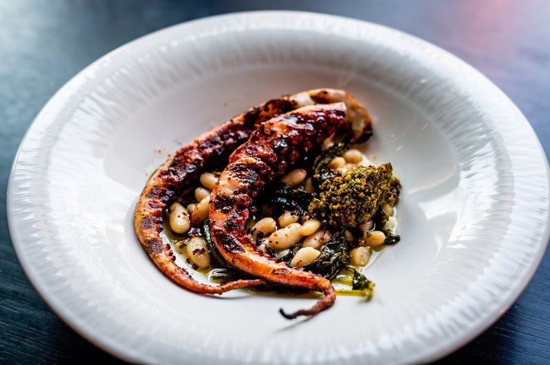 The grilled octopus appetizer at Lyla Lila is served with spigarello, cannellini beans, lemon, pistachio and olives. CONTRIBUTED BY HENRI HOLLIS