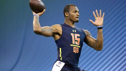 Clemson quarterback Deshaun Watson is seen in a drill at the 2017 NFL football scouting combine Saturday, March 4, 2017, in Indianapolis. (AP Photo/Gregory Payan)