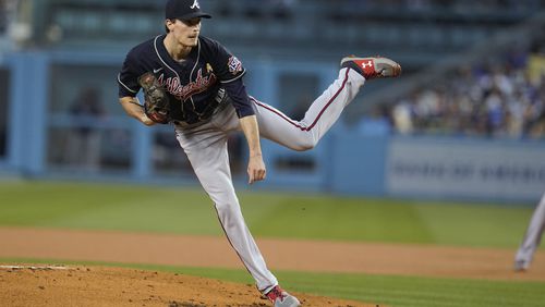 Atlanta Braves starting pitcher Max Fried throws to a Los Angeles Dodgers batter during the first inning of a baseball game Wednesday, Sept. 1, 2021, in Los Angeles. (AP Photo/Marcio Jose Sanchez)