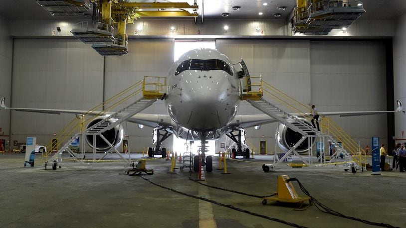 The Airbus A350 XWB test plane in a Delta hangar. The model will fly long-range routes when it joins Delta's fleet in 2017.