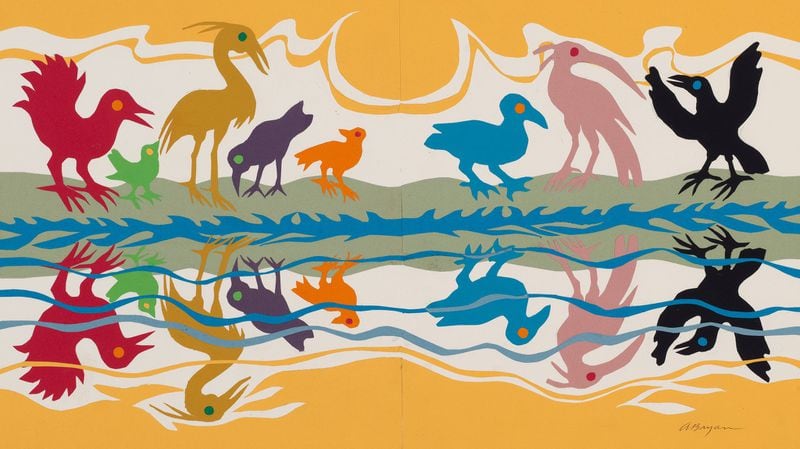 The birds’ colors were mirrored in the waters in this image, circa 2002, from Ashley Bryan’s “Beautiful Blackbird” (Atheneum Books for Young Readers, 2003), mixed media collage on paper. An exhibit of Bryan’s works will be at the High Museum of Art through Jan. 21. CONTRIBUTED BY ERIC CARLE MUSEUM OF PICTURE BOOK ART