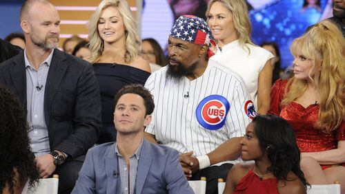 David Ross (left) joins several of the “Dancing With the Stars” cast on “Good Morning America” to announce the cast on March 1, 2017. Others in the photo include Mr. T (middle) and Charo (right). CREDIT: ABC