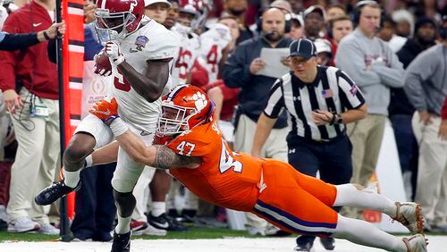 FILE - In this Monday, Jan. 1, 2018, file photo, Alabama wide receiver Calvin Ridley (3) is tackled by Clemson linebacker James Skalski (47) in the first half of the Sugar Bowl NCAA college football game in New Orleans. Ridley is a likely first-round NFL draft pick regarded as one of the nation's best at his position, but you might not have noticed watching the fourth-ranked Crimson Tide's last couple of games. Georgiaâs Javon Wims and Terry Godwin have yielded much of the spotlight to the Bulldogs heralded tailbacks also going into the Monday, Jan. 8, 2018, College Football national championship game. (AP Photo/Butch Dill, File)