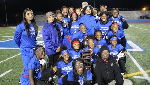 Heritage High School’s girls flag football team finished the inaugural season undefeated (5-0) when they beat the Salem High Seminoles Monday, Nov. 4 at Evans Memorial Stadium to win the Conyers Cup Championship. The team goes on to play in the state championship game on Dec. 18 at Mercedes Benz Stadium. COURTESY OF ROCKDALE COUNTY SCHOOLS