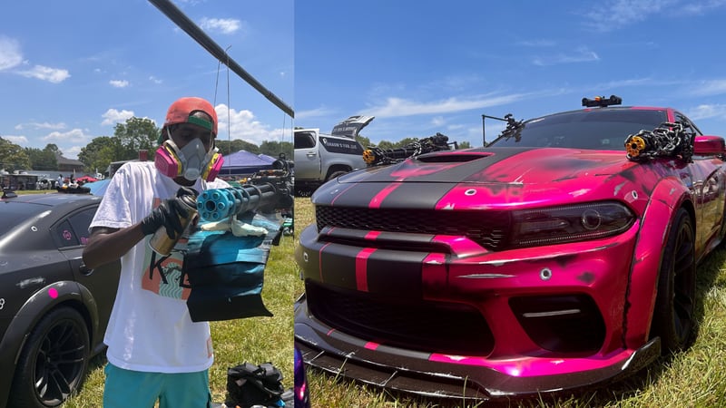 Sheldon Hill live painted a Dodge Charger at Saturday's car show on Rick Ross' Fayetteville estate.