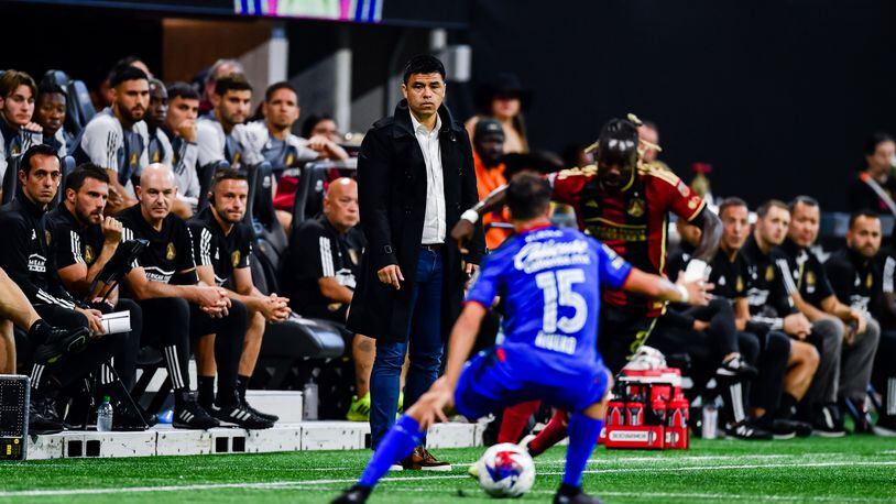 Atlanta United Head Coach Gonzalo Pineda looks on from the sidelines during the match against Cruz Azul at Mercedes-Benz Stadium in Atlanta, GA on Saturday July 29, 2023. (Photo by Kyle Hess/Atlanta United)