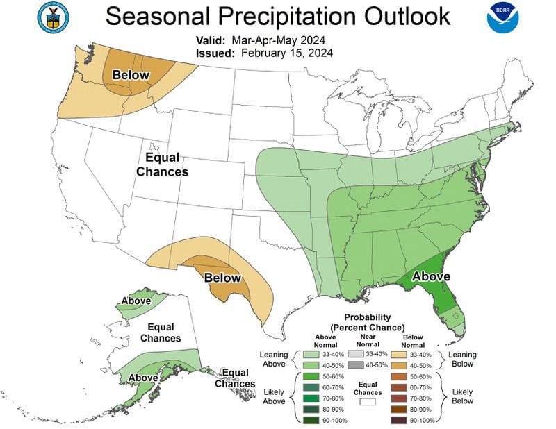 The National Oceanic and Atmospheric Administration's latest forecast for March through May 2024 shows odds that favor wetter than normal conditions.