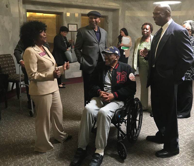 DeKalb resident Ed Williams is congratulated by supporters after the Georgia Supreme Court held a hearing on his challenge of the DeKalb County commission's surprise pay raise. The hearing was held on Oct. 22, 2019. (TIA MITCHELL/TIA.MITCHELL@AJC.COM)
