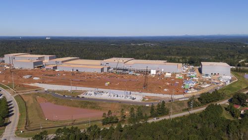 Aerial photo shows SK Innovation's $2.6 billion construction site in Commerce on Wednesday, September 30, 2020. The 2.4 million-square-foot plant, located next to Interstate 85 in Jackson County, could eventually employ up to 2,600 workers. Georgia gave SK one of the biggest incentive packages in state history to locate there, including $300 million in grants, tax breaks and free land. (Hyosub Shin / Hyosub.Shin@ajc.com)