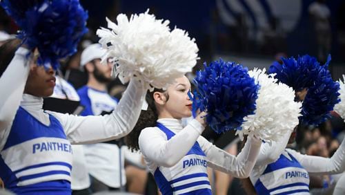 Panther cheerleaders perform during the first half of play Monday, Nov. 7, 2022 at the GSU Convocation Center in Atlanta. (Daniel Varnado/For the AJC)