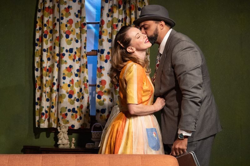 In Synchronicity Theatre's staging of "Home, I'm Darling," Judy (Bethany Anne Lind) and Johnny (Marcus Hopkins-Turner) enjoy a 1950s TV sitcom farewell before he heads to work. Photo: Casey Gardner Ford