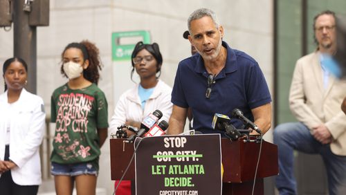 Kamau Franklin speaks as a part of the ‘Vote to Stop Cop City’ coalition during a press conference to launch a referendum campaign to put Cop City on the ballot outside of Atlanta City Hall, Wednesday, June 7, 2023, in Atlanta. (Jason Getz / Jason.Getz@ajc.com)