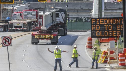 April 25, 2017 Atlanta: Piedmont Road closed for 24 hours for I-85 bridge repairs, as continuous lane closures on Piedmont in the construction area started at 9 a.m. Tuesday, April 25, 2017 according to the Georgia Department of Transportation. Lanes will not reopen until 9 a.m. Wednesday. Crews are working overnight to set beams for the new bridge, which officials hope to reopen by June 15, according to the announcement. JOHN SPINK/JSPINK@AJC.COM